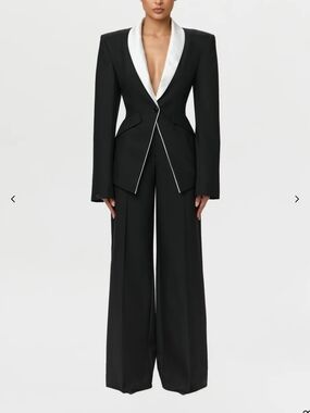 Black Wide-Leg Tuxedo Pantsuit with White Satin Lapel-Jacket & Trousers Included